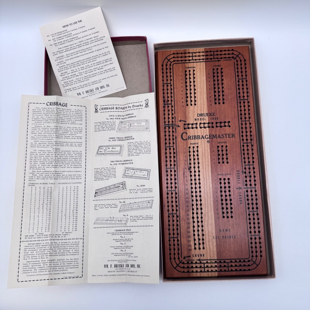 Drueke Cribbagemaster Board Brown Vintage Wood 3-Track Model 1950